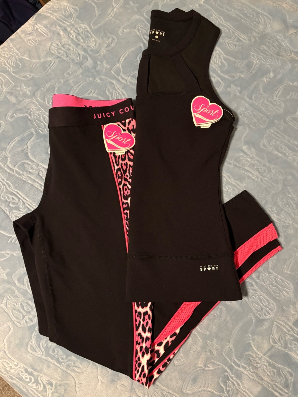 Juicy Couture Compression Black Leggings & Tank Set with Pink Leopard Accents